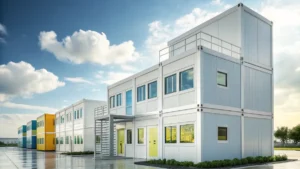 Bungalow modulaire écologique en acier installé sur un chantier moderne